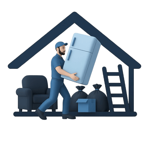 Junk removal worker carrying a refrigerator with household junk, furniture, and trash bags.