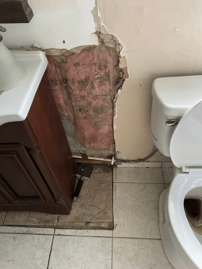 Bathroom wall opened with insulation exposed next to vanity and toilet