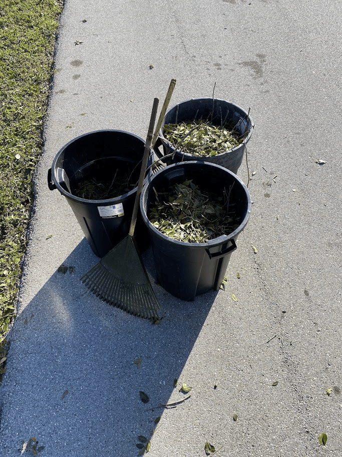 Outdoor bins filled with leaves and yard trimmings staged on a driveway