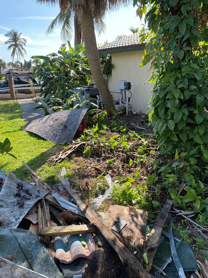 Side yard cluttered with wood boards, roofing pieces, and thick vegetation near the house