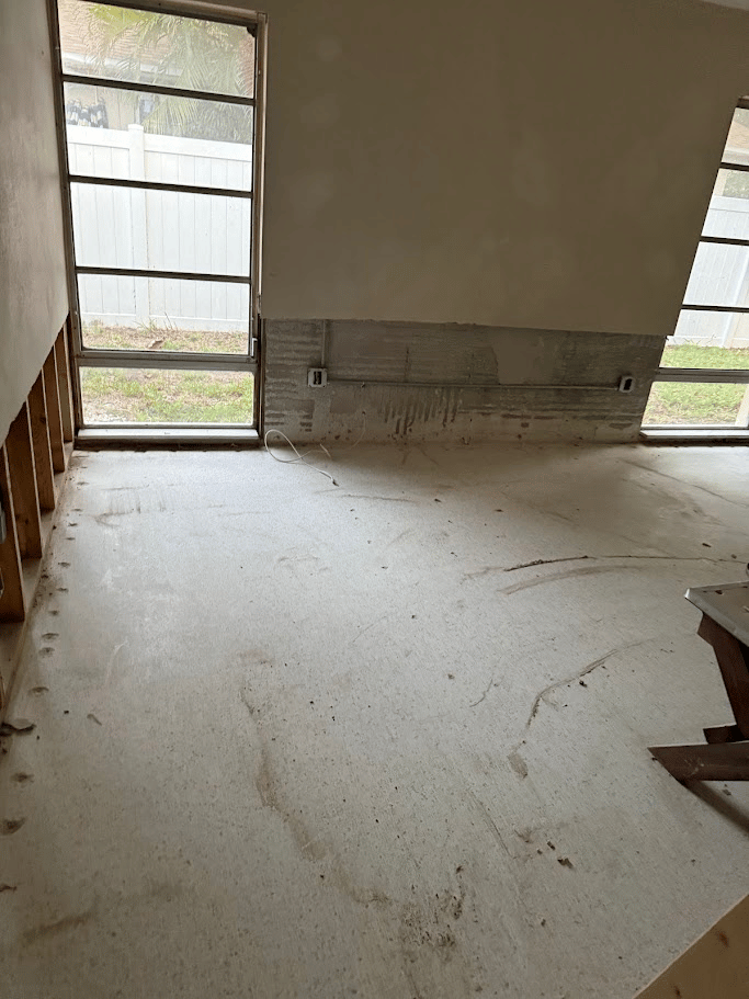 Cleaned interior space after drywall removal and demolition work completed by Pure Disposal