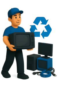 recycling worker sorting electronics waste into a blue recycling bin for safe disposal and recycling.