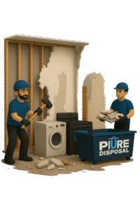 Construction workers removing walls and debris during interior demolition