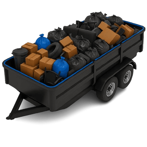 Loaded junk trailer with furniture, bags, and debris