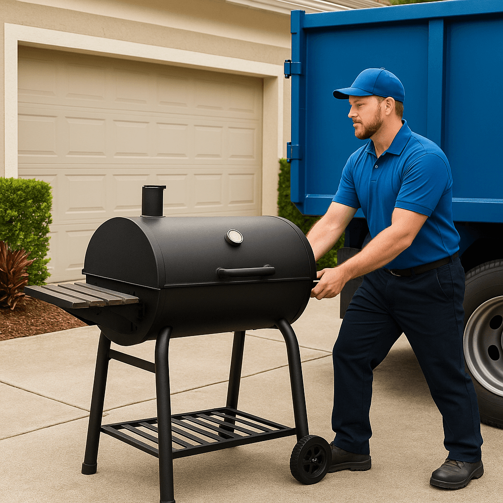 Junk removal worker hauling away an old black BBQ grill from a residential driveway