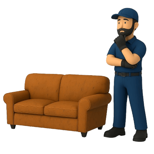 Junk removal worker in blue uniform inspecting an old brown couch before disposal