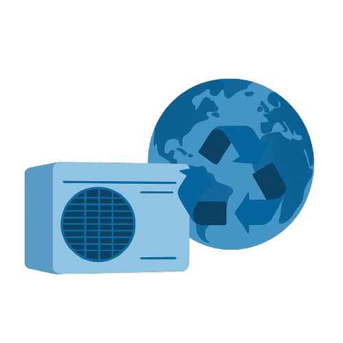 Old air conditioner unit being recycled with Earth and recycling symbol