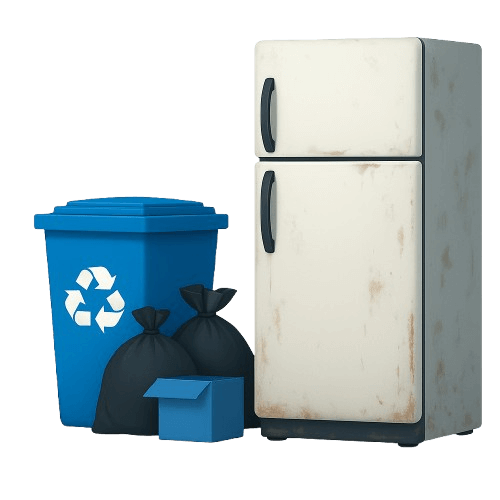 Old rusted refrigerator placed beside a blue recycling bin and garbage bags, representing the need for professional refrigerator disposal and eco-friendly recycling by Pure Disposal