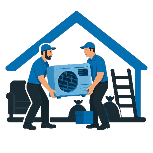 Two junk removal workers carrying an old air conditioner unit out of a house for recycling and eco-friendly disposal